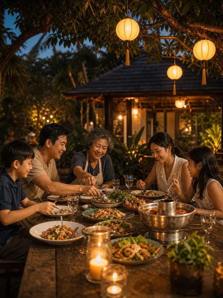 ครอบครัวไทยรับประทานอาหารในสวนพัทยาใต้แสงโคม