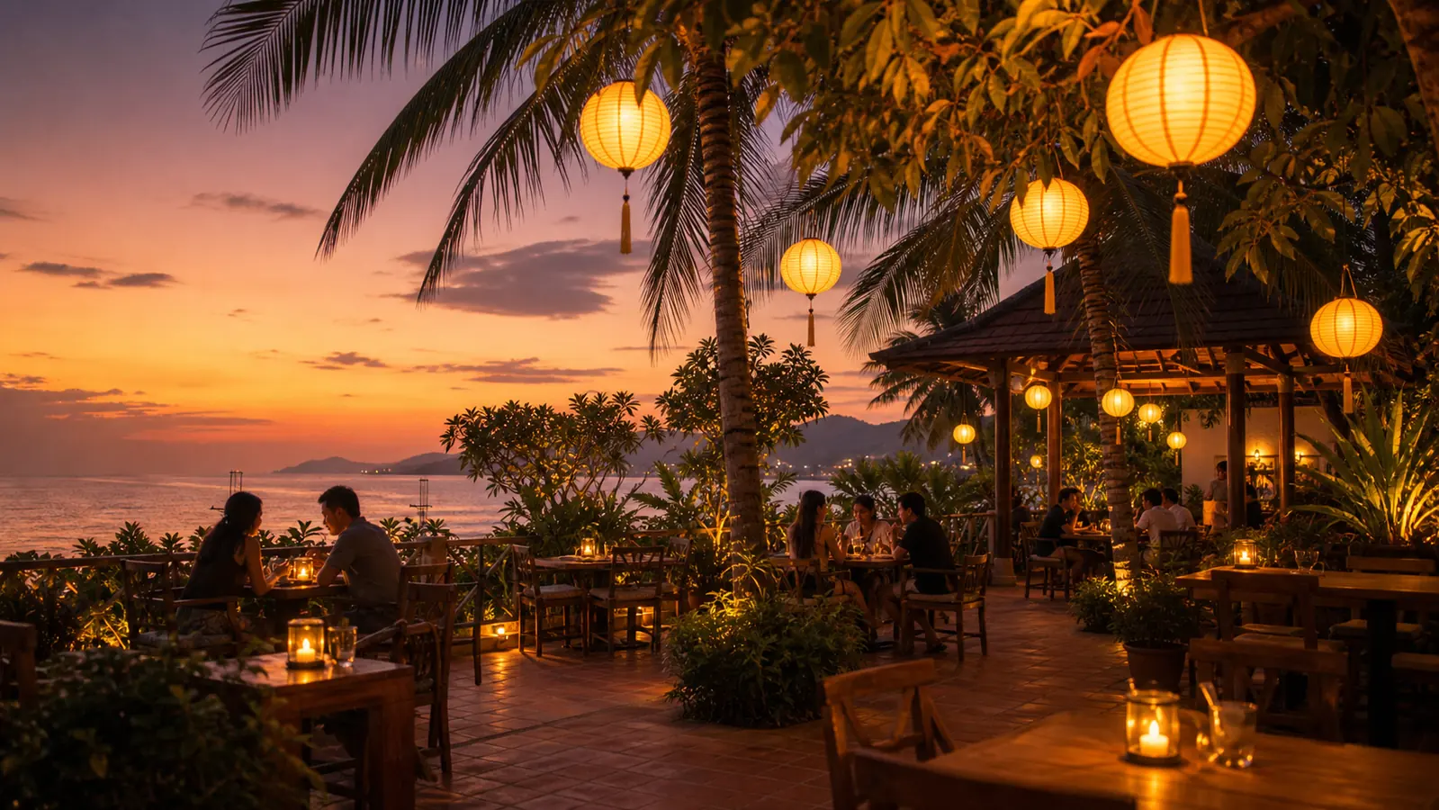 ระเบียงร้านอาหารสวนไทยในพัทยายามค่ำใต้แสงโคมกระดาษ
